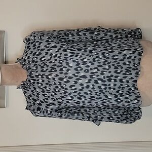 Loft Size XSP, Dusty Blue-Gray Blouse w/ Leopard/Cheetah Pattern. Ruffle Accent